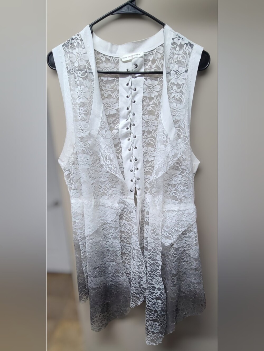 Voice California Sheer Floral Lace Ombre Vest Lace Up Corset Handkerchief Hem XL